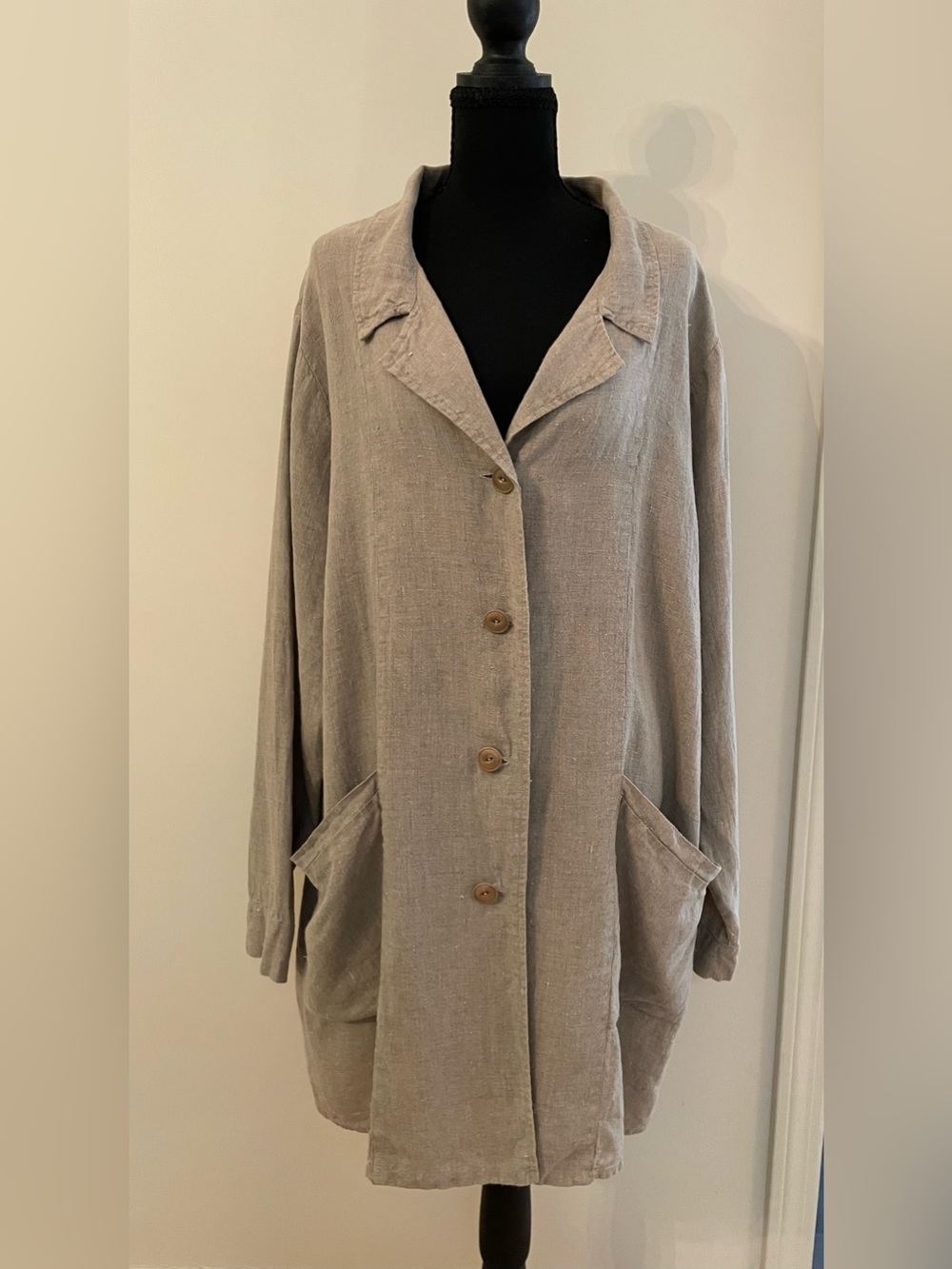 Flax Lagenlook Taupe/Beige 100% Linen Button Front Jacket Artsy Flowy Boho L - Picture 3 of 9